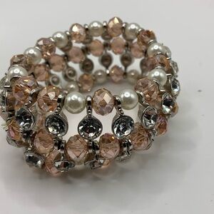 Pink Faceted Beaded Clear Rhinestone Faux Pearl Stretch Bracelet Silver Tone